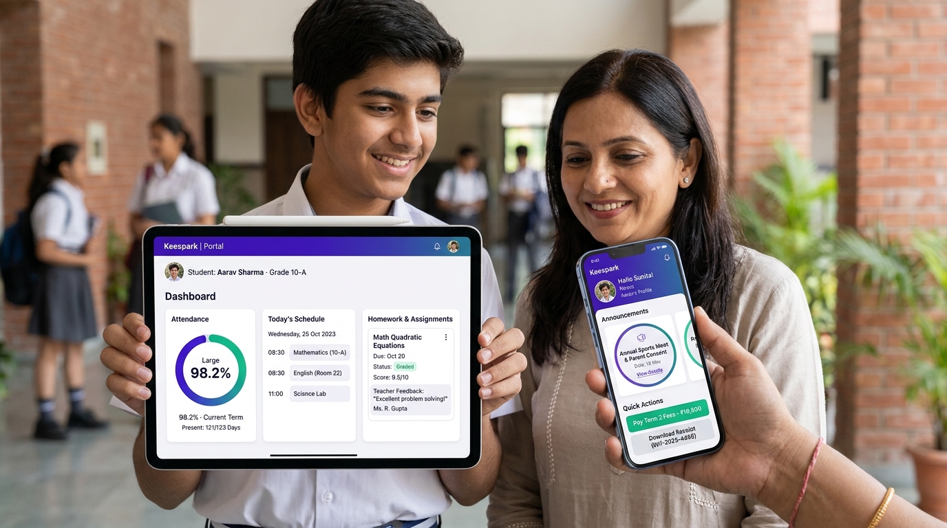 Keespark student and parent mobile and tablet portal interface showing homework and fees